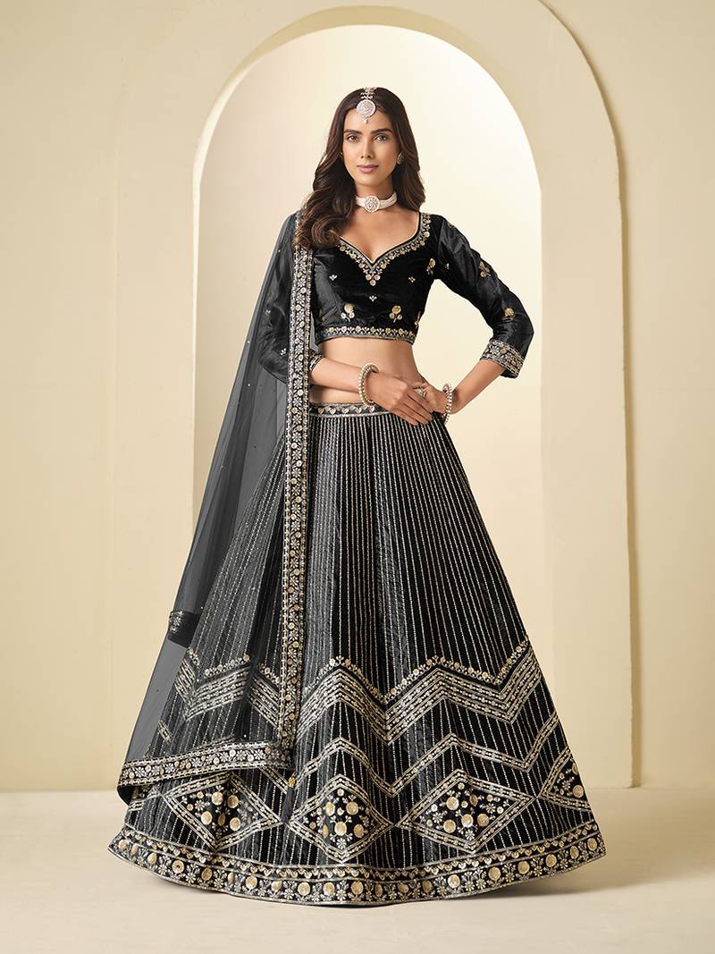 Black Velvet Embroidered Sequins Work A Line Lehenga Choli