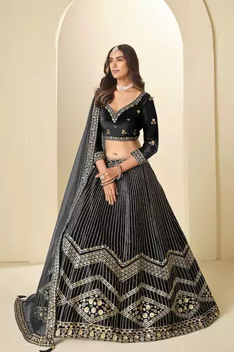 Black Velvet Embroidered Sequins Work Lehenga Choli