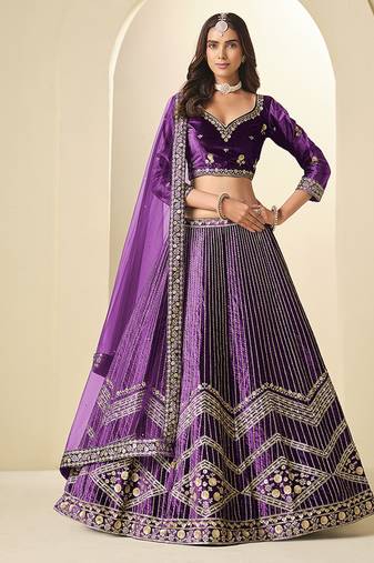 Purple Velvet Embroidered Sequins Work A Line Lehenga Choli