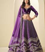 Purple Velvet Embroidered Sequins Work A Line Lehenga Choli