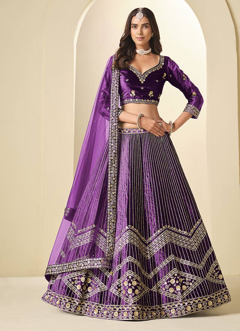 Purple Velvet Embroidered Sequins Work A Line Lehenga Choli