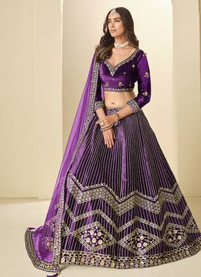 Purple Velvet Embroidered Sequins Work Lehenga Choli 2