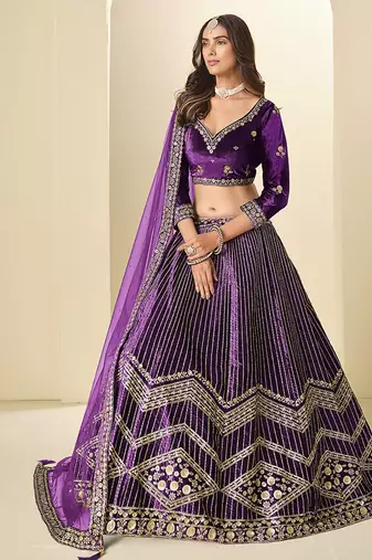Purple Velvet Embroidered Sequins Work Lehenga Choli