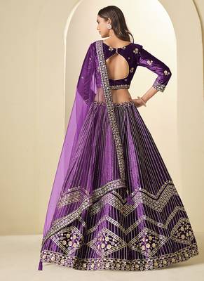 Purple Velvet Embroidered Sequins Work Lehenga Choli 3
