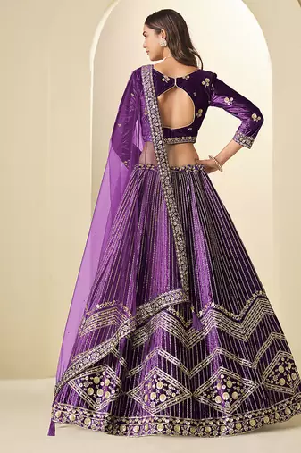 Purple Velvet Embroidered Sequins Work Lehenga Choli