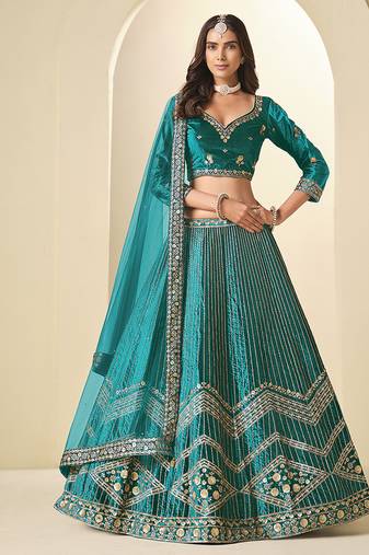 Teal Velvet Embroidered Sequins Work A Line Lehenga Choli
