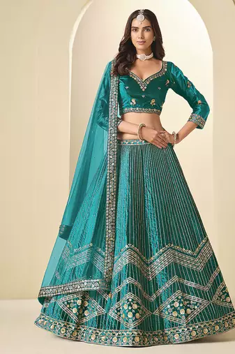 Teal Velvet Embroidered Sequins Work A Line Lehenga Choli