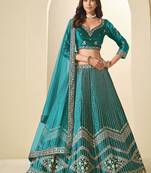 Teal Velvet Embroidered Sequins Work A Line Lehenga Choli