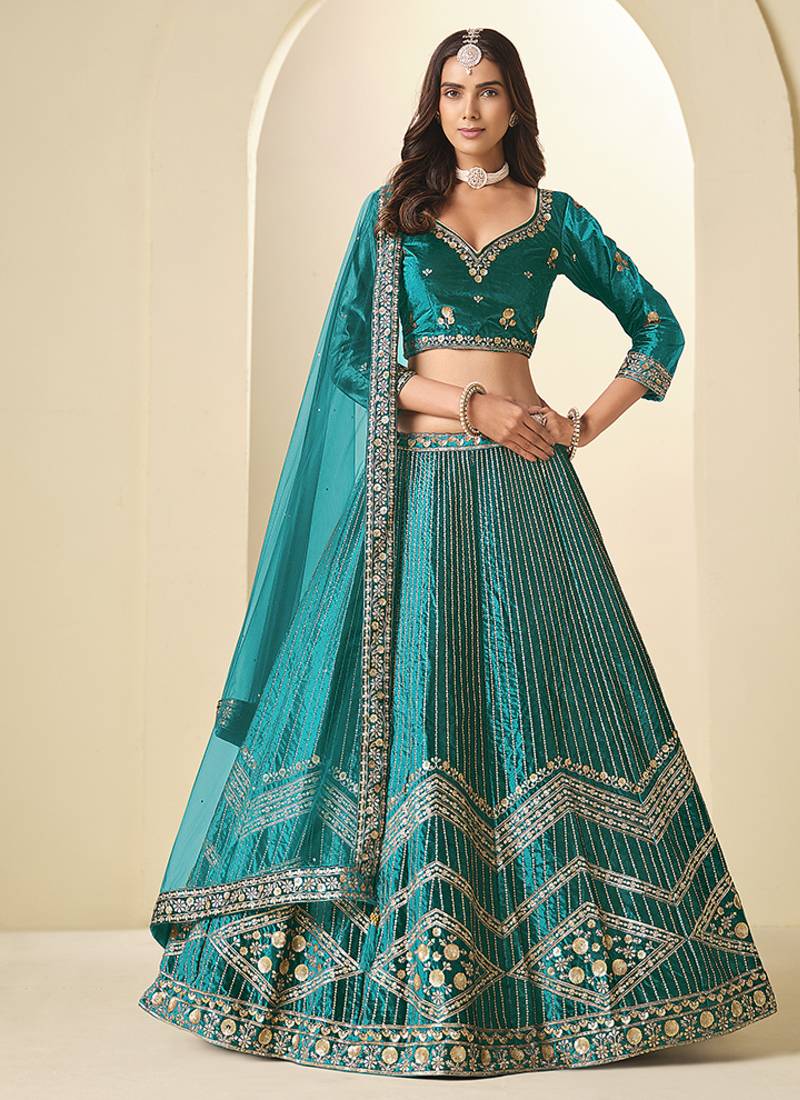 Teal Velvet Embroidered Sequins Work A Line Lehenga Choli
