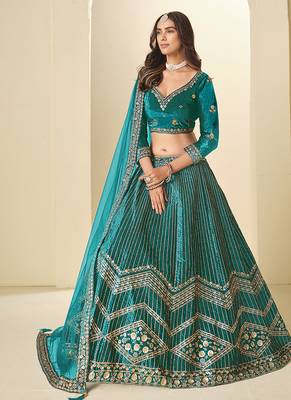 Teal Velvet Embroidered Sequins Work Lehenga Choli 2