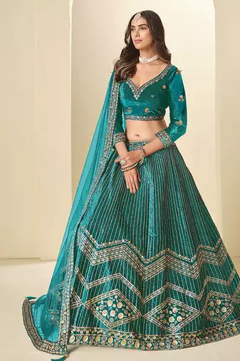 Teal Velvet Embroidered Sequins Work Lehenga Choli