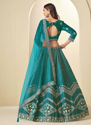 Teal Velvet Embroidered Sequins Work Lehenga Choli 3
