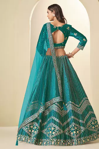 Teal Velvet Embroidered Sequins Work Lehenga Choli
