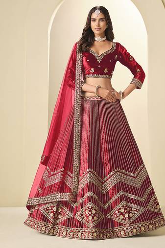 Maroon Velvet Embroidered Sequins Work A Line Lehenga Choli