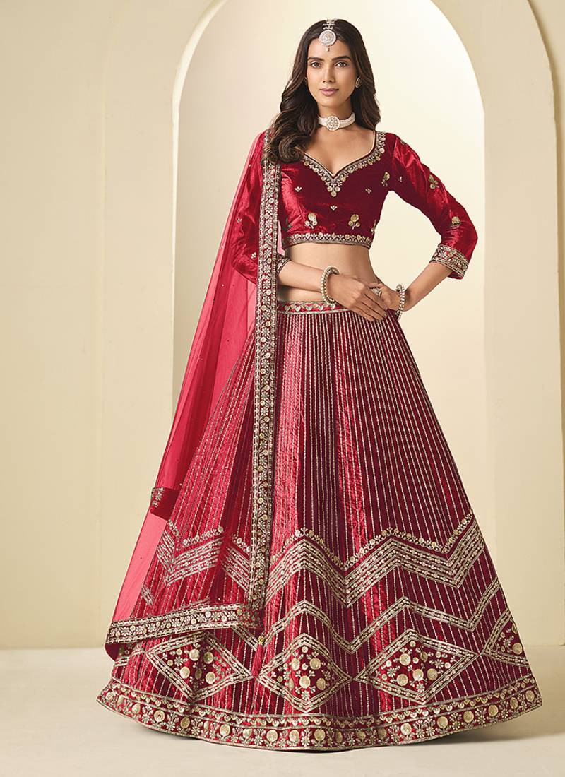Maroon Velvet Embroidered Sequins Work A Line Lehenga Choli