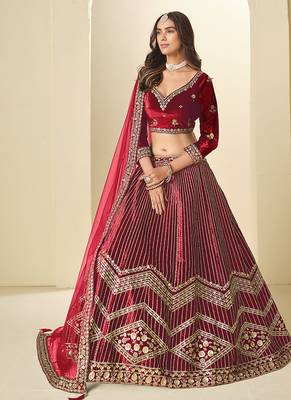 Maroon Velvet Embroidered Sequins Work Lehenga Choli 2