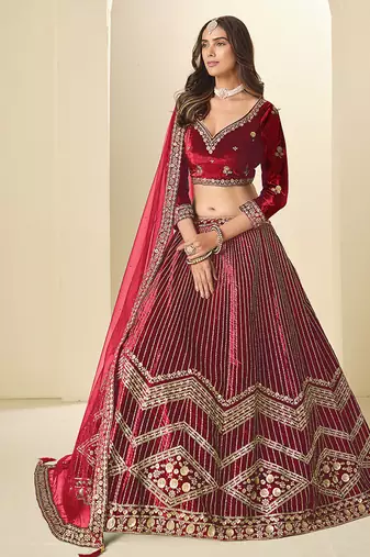 Maroon Velvet Embroidered Sequins Work Lehenga Choli