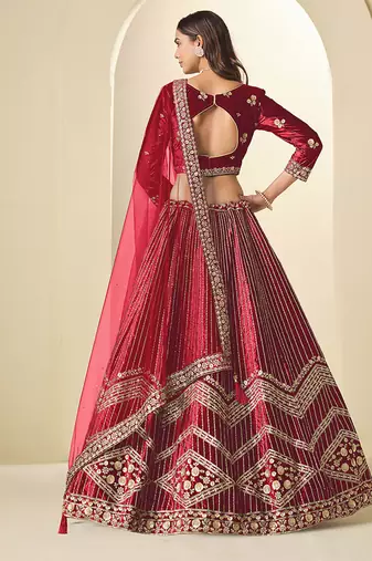 Maroon Velvet Embroidered Sequins Work Lehenga Choli