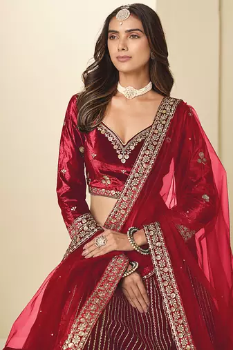 Maroon Velvet Embroidered Sequins Work Lehenga Choli