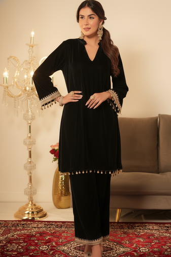 Black Velvet Short Gotta Work Kurta set