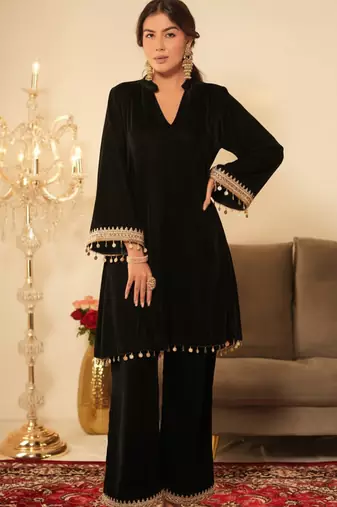 Black Velvet Short Gotta Work Kurta set
