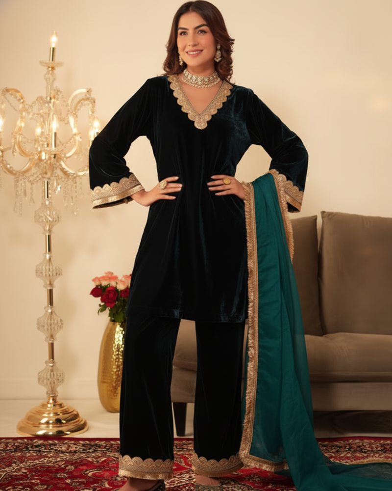 Bottle Green Lace Work Ready to Wear 3 Pc Kurta Palazzo Set