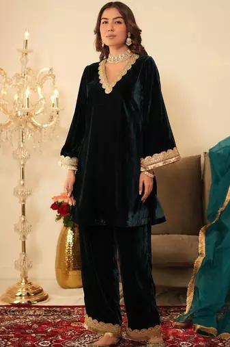 Bottle Green Lace Gotta Work Kurta set