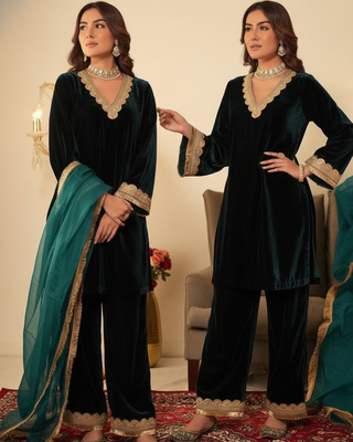 Bottle Green Lace Gotta Work Kurta set 3
