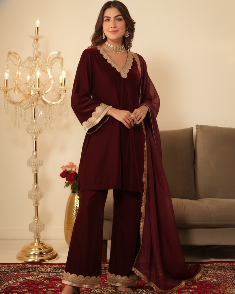 Maroon Ethnic Lace Work Ready to Wear 3 Pc Kurta Palazzo Set