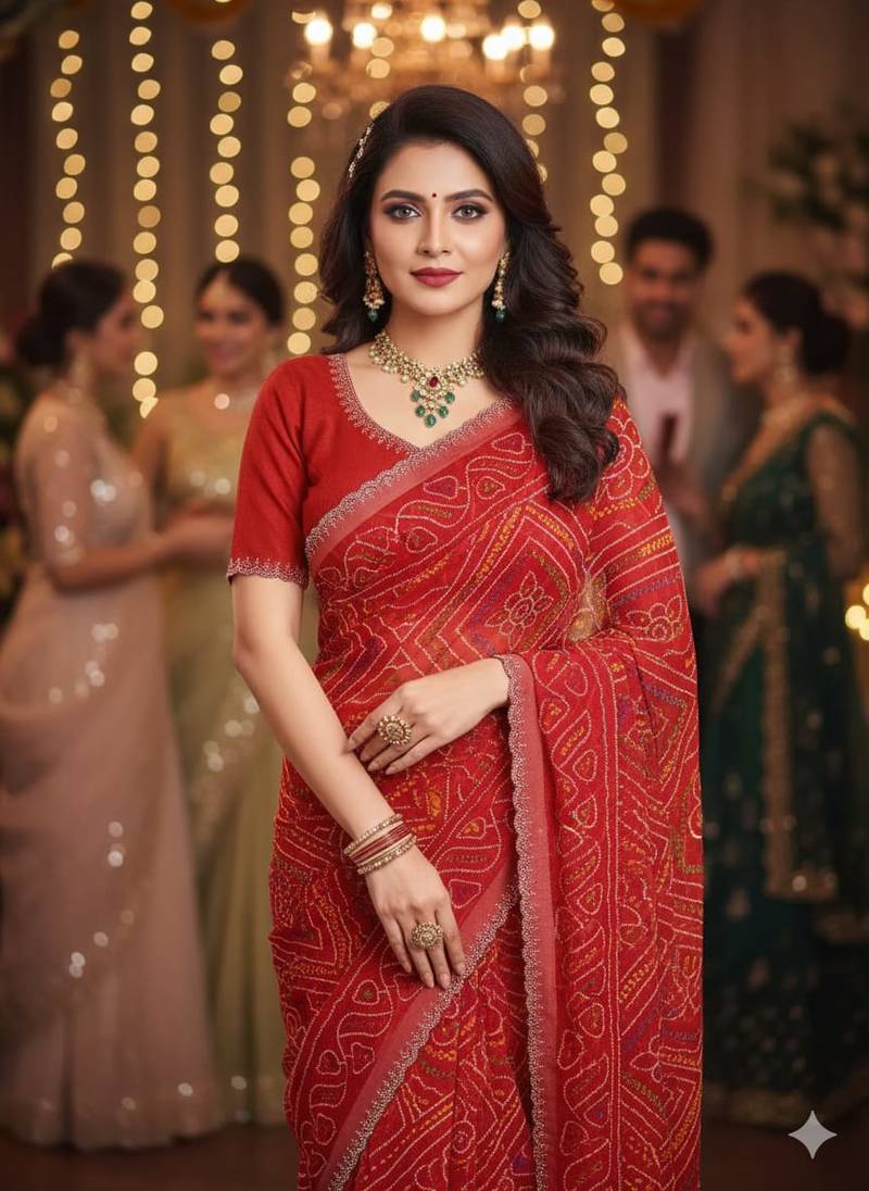 designer georgette saree with elegant design pattern & diamond cutwork border with blouse piece