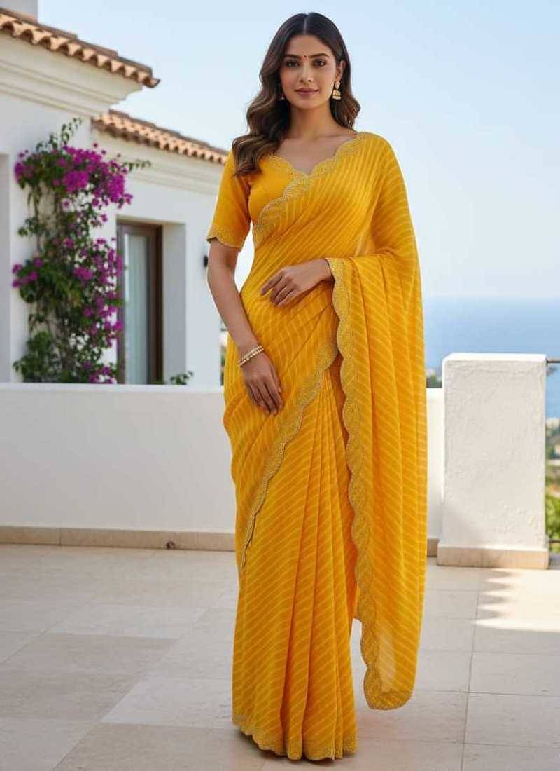 designer georgette saree with elegant design pattern & diamond cutwork border with blouse piece