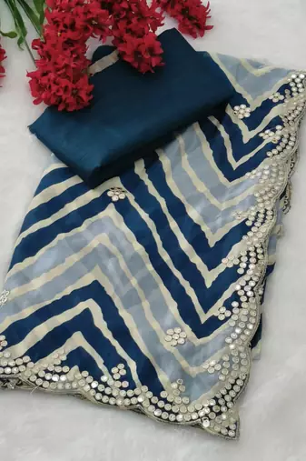 designer chiffon saree with elegant thread work & cutwork border | art silk blend plain blouse