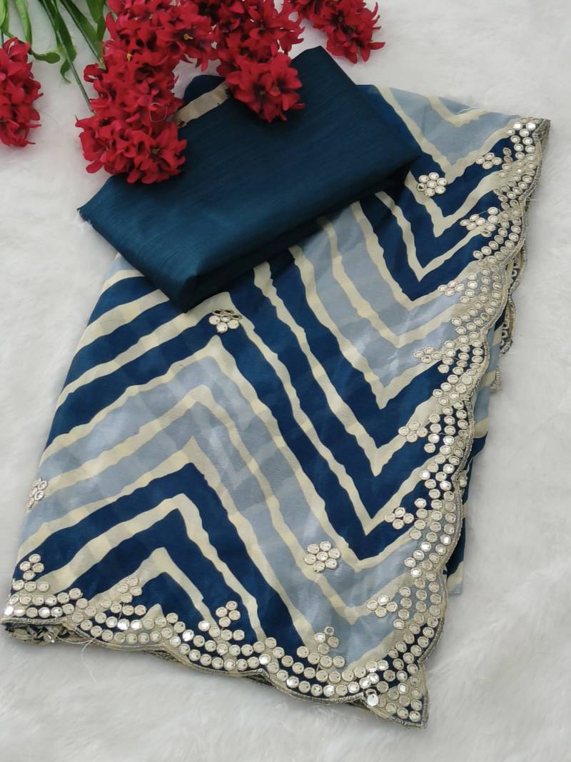 designer chiffon saree with elegant thread work & cutwork border | art silk blend plain blouse