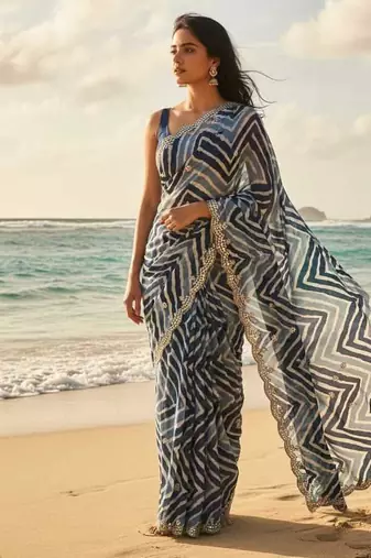 designer chiffon saree with elegant thread work & cutwork border | art silk blend plain blouse