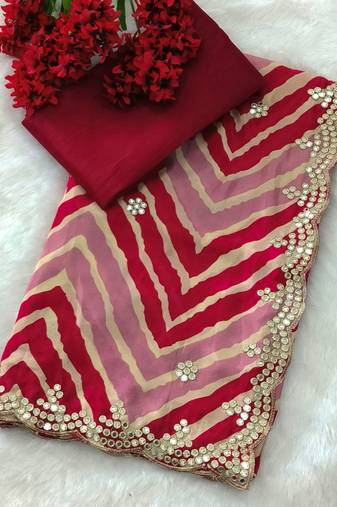 designer chiffon saree with elegant thread work & cutwork border | art silk blend plain blouse