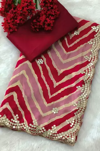 designer chiffon saree with elegant thread work & cutwork border | art silk blend plain blouse