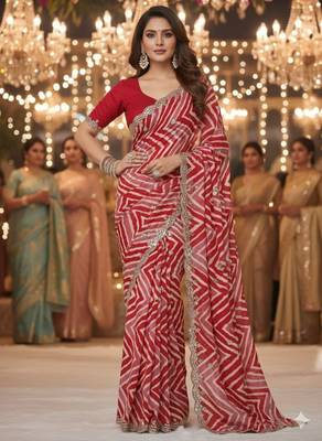 designer chiffon saree with elegant thread work & cutwork border | art silk blend plain blouse 2
