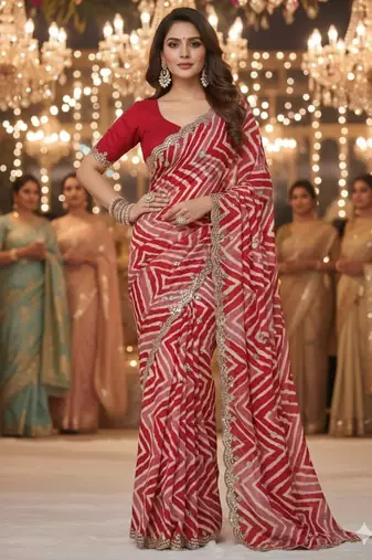 designer chiffon saree with elegant thread work & cutwork border | art silk blend plain blouse