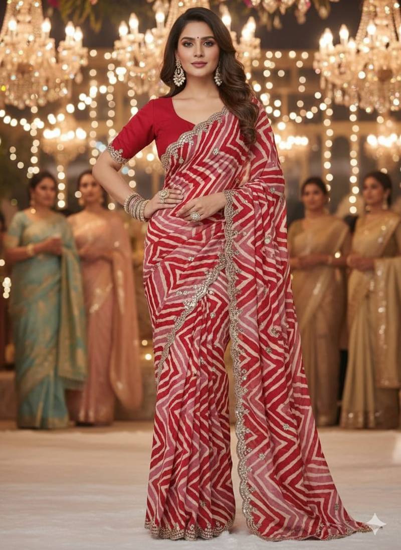 designer chiffon saree with elegant thread work & cutwork border | art silk blend plain blouse