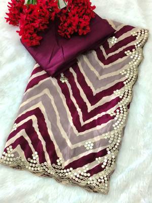 designer chiffon saree with elegant thread work & cutwork border | art silk blend plain blouse 1