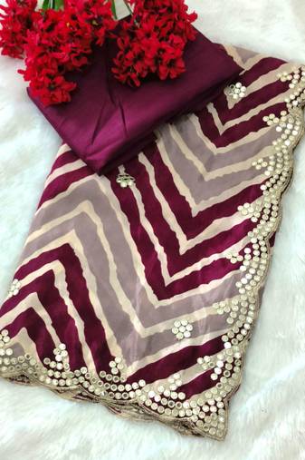 designer chiffon saree with elegant thread work & cutwork border | art silk blend plain blouse