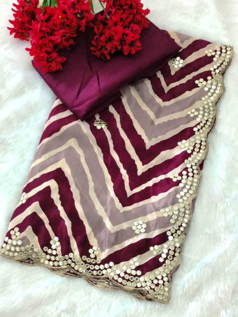 designer chiffon saree with elegant thread work & cutwork border | art silk blend plain blouse