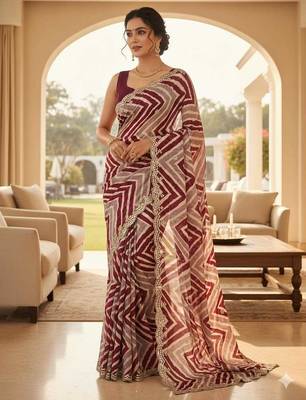 designer chiffon saree with elegant thread work & cutwork border | art silk blend plain blouse 2