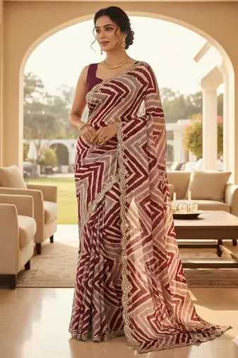 designer chiffon saree with elegant thread work & cutwork border | art silk blend plain blouse