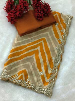 designer chiffon saree with elegant thread work & cutwork border | art silk blend plain blouse 1