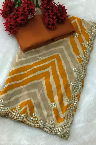 designer chiffon saree with elegant thread work & cutwork border | art silk blend plain blouse