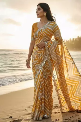 designer chiffon saree with elegant thread work & cutwork border | art silk blend plain blouse