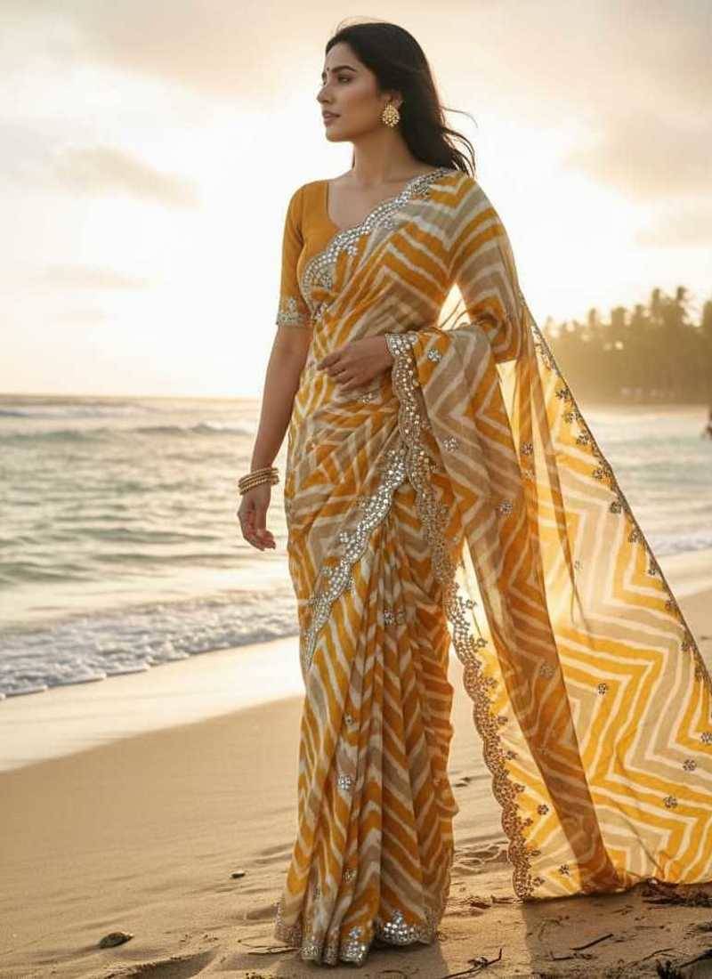 designer chiffon saree with elegant thread work & cutwork border | art silk blend plain blouse