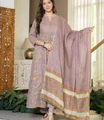 Women cotton printed round nack 3/4 sleeves calf length flared kurta pant and dupatta set