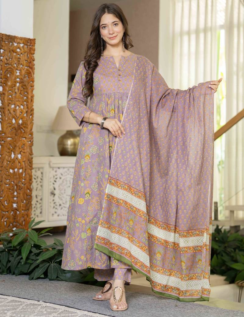 Women cotton printed round nack 3/4 sleeves calf length flared kurta pant and dupatta set